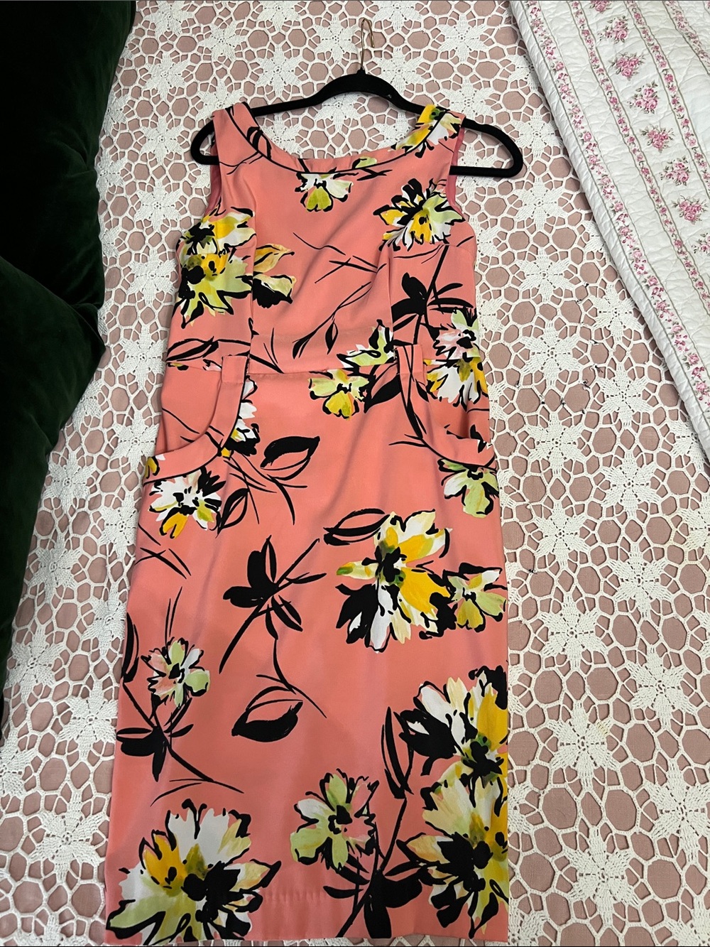 London Times Coral Floral Midi Dress with Yellow & Black Accents